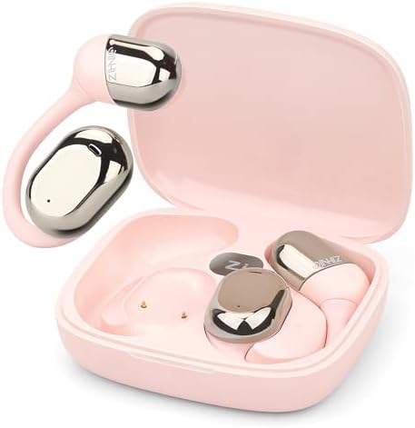 ZIHNIC Open-Ear Wireless Bluetooth Headphones with Mic, Comfortable Ear Hooks, 28H Battery, IPX5 Waterproof, Compatible with Phone, Android Phone-Pink