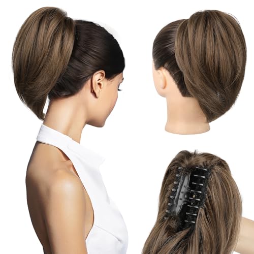 Ponytail Extension, 10" Short Claw Clip in Ponytail Hair Extensions Messy Bun Hair Piece Natural Soft Synthetic Straight Pony Tail Hair Pieces for Women - Light Brown