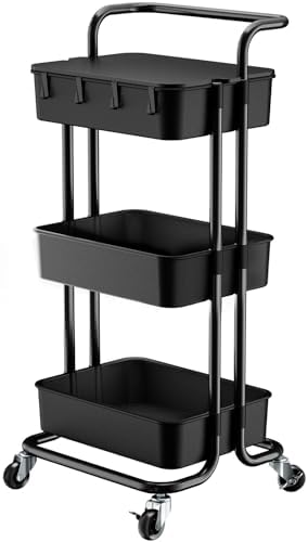 Pipishell 3 Tier Rolling Cart Organizer, Plastic Rolling Cart with Lockable Wheels & Reinforced Handle, Lightweight Utility Cart Storage Cart for Nursery, Kitchen, Bathroom, Craft Room, White