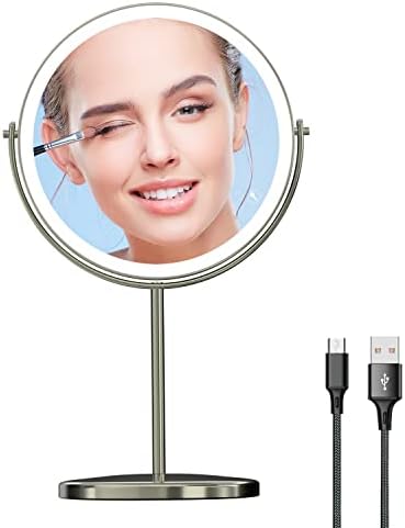 8" Lighted Makeup Mirror with Magnification, 1X/10X Magnifying Lighted Vanity Mirror, Double Sided 360 Swivel USB Rechargeable, 3 Colors Dimmable Lightning Mirror with 52 LEDs Brush Nickle
