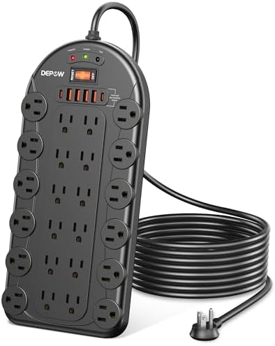 Power Strip, 24 AC Outlets (1875W/15A) with 6 USBs (2 USB-C Ports), ETL Listed, Surge Protector (3,400 Joules), 8 Ft Heavy Duty Flat Plug Extension Cord, Wall Mountable for Home, Office, Black