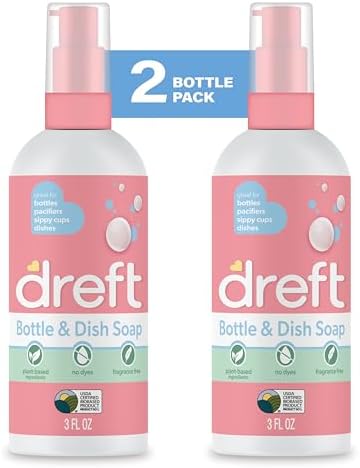 Dreft Bottle and Dish Soap | Made to Clean Baby Bottles, Sippy Cups, Pacifiers, Breast Pumps, & More | Gently Removes Milk Film & Odors | Plant Based, Fragrance Free Dish Soap | 3 Fl Oz (Pack of 2)