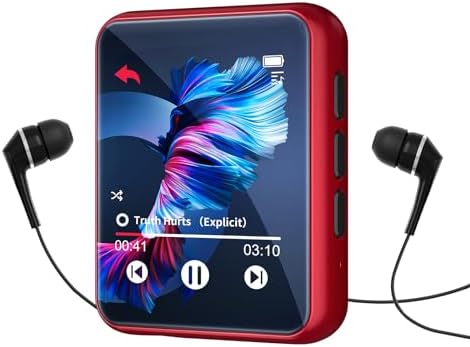 MP3 Player Bluetooth 5.3 Full Touch Screen Color Screen Mini MP3 Player, HiFi Lossless Music Player with Speakers, FM Radio, Recording, Support up to 128GB (red)