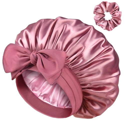 YANIBEST Double Layer Satin Silk Bonnet for Sleeping Hair Bonnet with Elastic Tie Band for Curly Hair Wig Caps Beanpaste Pink