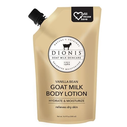 Dionis Goat Milk Skincare Body Lotion 16.9oz Refill Pouch, Cruelty Free Clean Ingredients & Dermatologist Tested Lotion for Dry Skin, Hydrating & Deeply Moisturizing Rich in Vitamins, Vanilla Bean