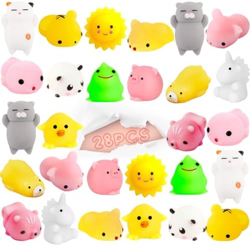 UMEELR 28 Packs Squishies Mochi with Cards, Cute Mochi Squeezes Toys for Kids Easter Egg Hunt Basket Stuffer