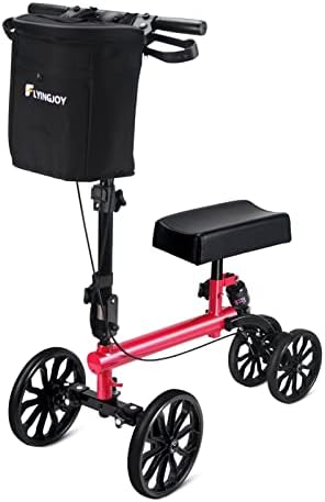 Steerable Knee Walker with Double Handbrake and Height Adjustment Handgrip for Foot Injuries Compact Crutches Alternative, Supports up to 300 lbs (Red)