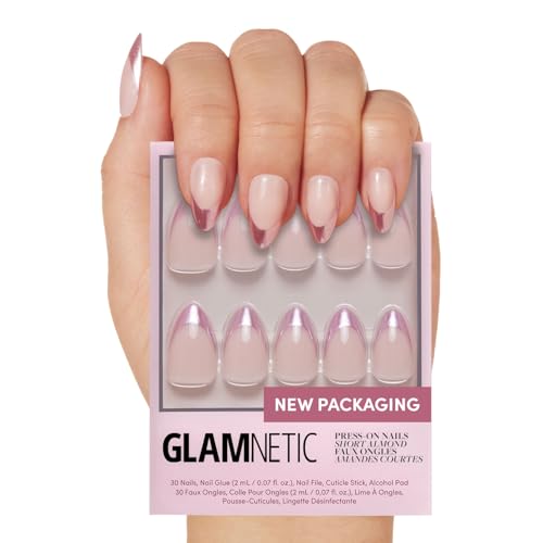 Glamnetic Press On Nails - Rock Candy | Trendy Short Almond Nails with Metallic Chrome Pink French Tips | 15 Sizes - 30 Nail Kit with Glue