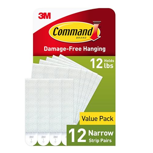 Command Narrow Picture Hanging Strips, Damage Free Hanging Picture Hangers, No Tools Wall Strips for Living Spaces, 12 White Adhesive Strip Pairs. Easy to Open Packaging (24 Strips)