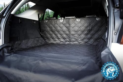 Bulldogology SUV Cargo Liner for Dogs 55"x82" Heavy Duty Pet Trunk Cargo Cover Area - Trunk Cover Car Protector for Dogs Waterproof Nonslip Mat - Dog Cargo Liner SUVs Vans Cars (Large, Black)