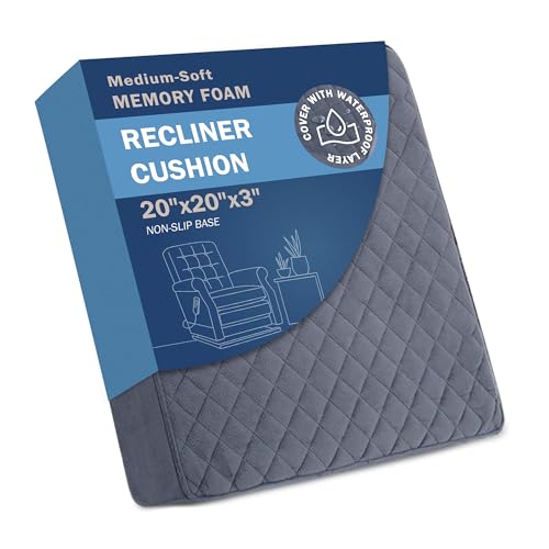 COMFORTANZA Medium-Soft 20x20x3 Memory Foam Recliner Chair Seat Cushion for Long Sitting - Armchair Pad with Washable Velvety Cover with Waterproof Layer & Non-Slip Base for Seniors & Elderly - Gray
