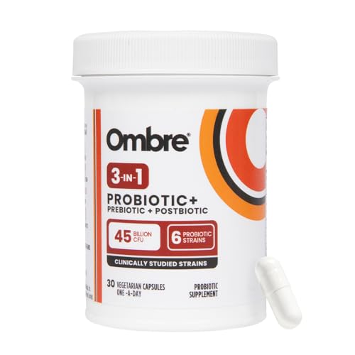 Ombre 3-in-1 Probiotic, Prebiotic and Postbiotic for Digestive Health & Gut Health - 45 Billion CFU - Bloating, Constipation & Gas Relief - Metabolic & Immune Support for Women & Men, 30 Day Supply