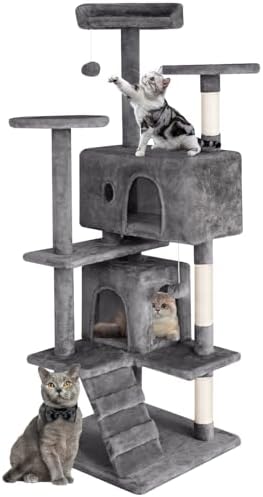Cat Tree 53 inches Cat Tower for Indoor Cats Cat House with Replaceable and Removable Dangling Ball Cat Trees and Towers with Funny Toys, Light Gray