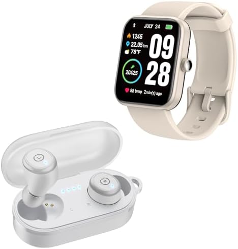 TOZO T10 Bluetooth 5.3 Wireless Earbuds White S2 44mm Smart Watch Champagne