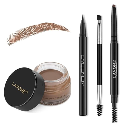 LAVONE Eyebrow Stamp Pencil Kit for Eyebrows, Makeup Brow Stamp Trio Kit with Waterproof Eyebrow Pencil, Eyeliner, Eyebrow Pomade, and Dual-ended Eyebrow Brush - Auburn