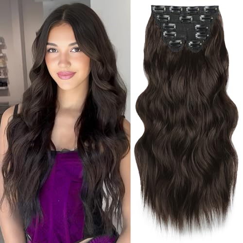 Vigorous Clip in Hair Extensions 20Inch Dark Brown Hair Extensions Clip Ins 6Pcs Long Wavy Soft Synthetic Hairpieces for Women(Dark Brown)