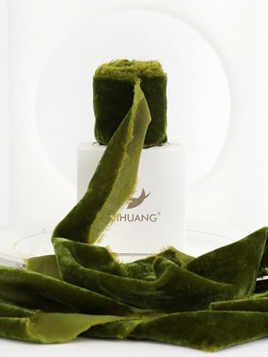 HUIHUANG Olive Green Velvet Ribbon 2 inch Handmade Fringe Frayed Silk Velvet Ribbon for Flower Bouquet, Gift Wrapping, Invitations, Holiday Christmas Decor, Wedding Bridal Shower Decor-3 Yards