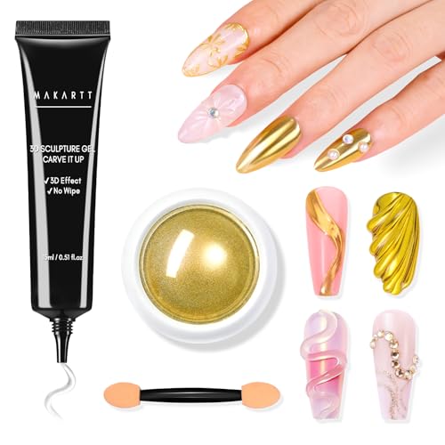 Makartt 3D Nail Gel with Gold Chrome Nail Powder Kit, Clear Molding Gel for Nail Art, 15g Sculpting Glue Polish and Metallic Effect Mirror Powder Set for Nail Decoration Manicure Charms