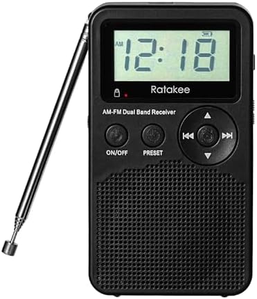 AM/FM Radio, Battery Operated Portable Radio with Clock, Preset, Sleep Timer and Battery Backup for Yard Work, Walking, Camping, Jogging, Fishing, Handheld Size, 3 AA Battery Powered (Black)