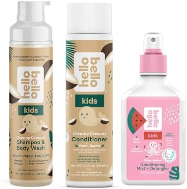 Hello Bello Creamy Coconut Shampoo and Body Wash 10 fl oz, Conditioner 10 Fl Oz, Watermelon Conditioning Mist and Detangler, Gentle, Hypoallergenic, Dermatologist-Tested, Vegan