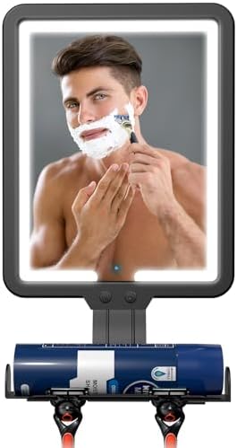 Lighted Shower Mirror Fogless for Shaving, Heated Fog Free Large 9.5*7inch 3 Color Modes Dimming Shower Shaving Mirror with Light, Rechargeable Anti-Fog Shower Mirror with Storage Tray & Razor Holders