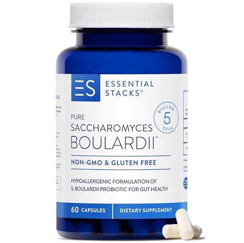 Essential Stacks Saccharomyces Boulardii Probiotics (Non-GMO & Gluten Free) - 5 Billion CFUs for Gut Health (60 Capsules)