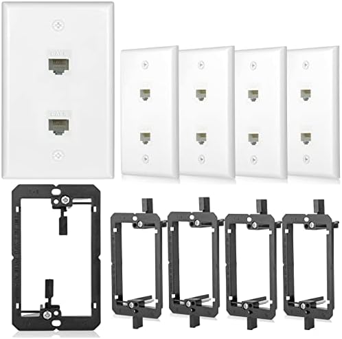 5 Pack Ethernet Wall Outlet 2 Port Cat6 Wall Plate with Low Voltage Mounting Bracket Jack RJ45 Keystone Network Cables Inline Coupler Wires Connector Date Box Cover Double White 2Port 6a