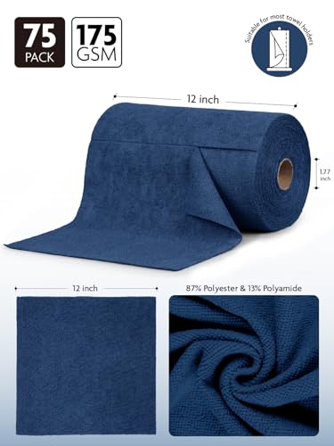 Fantasticlean Microfiber Cleaning Cloth Roll -75 Pack, Tear Away Towels, 12" x 12", Reusable Washable Rags (Navy Blue)