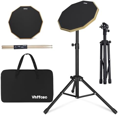 12 Inch Practice Drum Pad with Stand and Sticks, Beginner Snare Drum Pad with Drumsticks(2 pairs) and Carrying Bag, Double Sided Silent Drum Pad (Black)