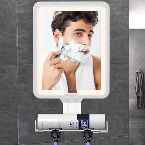 Heated Shower Mirror Fogless for Shaving, Lighted Shower Mirror 3 Color Dimming Shower Shaving Mirror, 9.5*8inch Anti-Fog Shower Mirror with Lights, Wall-Mounted Large Shaving Mirror with Razor Holder