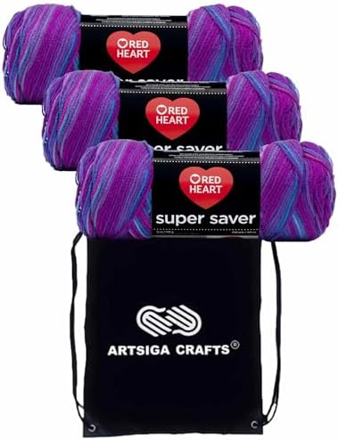 Red Heart Super Saver Grape Fizz E300-3931 (3-Skeins - Same Dye Lot) Worsted Medium #4 Acrylic Yarn for Crocheting and Knitting with Project Bag