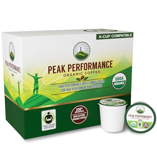 Peak Performance Organic Coffee Pods. Low Acid K-CUP Keurig Compatible High Altitude USDA Organic Coffee. Fair Trade Beans Medium Roast Single Serve 24 Count Recyclable Cups For High Performers