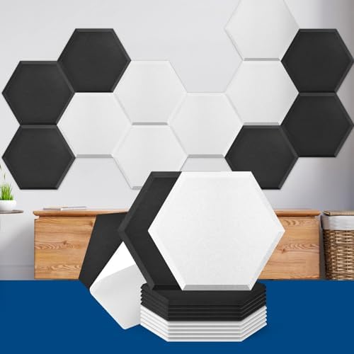 Art3dwallpanels Self Adhesive 12 Pack Acoustic Panels, Black and White 14" X 12" X 0.4" Soundproof Wall Panels, High Density Sound Absorbing Panels Hexagon Beveled Edge Sound Dampening Panels