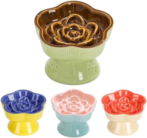 S&Q's CERAMICS Raised Slow Feeder Cat Bowl, Ceramic Elevated Cute Pet Food Bowl Small Dogs Slow Feeder, Flower Shaped Cute Cat Dish for Dry and Wet Food (Brown, 5.8")