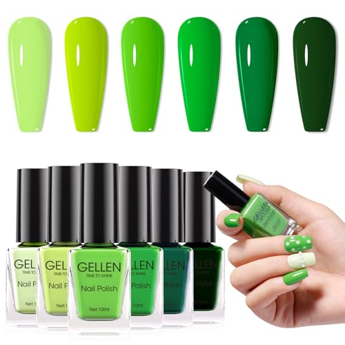 Gellen Green Regular Nail Polish Non Gel, Fast Air Drying Full Size Green Nail Polish No UV Light Needed Spring Summer Dark Light Grass Forest Jungle Green Set for Women Manicure St. Patrick's Day