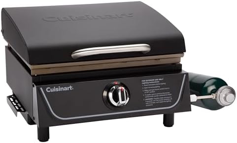Cuisinart 17” Tabletop Gas Griddle with Hood, Easy Assembly Compact Outdoor Flat-Top Grill with Grease Cup, 255 Sq. In Cooking Space Perfect for Camping, Tailgates and BBQs
