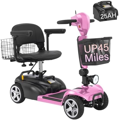 15-45 Miles Ecomobi MS02 4 Wheels Mobility Scooter for Adults/Seniors, 350W Powered Electric Wheelchair Device w/15Ah-25Ah Extended Battery, Dual Baskets/Rotating Seat, Compact Duty Mobile for Elderly