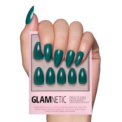 Glamnetic Press On Nails - Emerald Green | Opaque Cool Tone, Deep Emerald Green Short Almond Short Almond False Nails, Reusable Stick On Fake Nails with Glue | Salon Quality | 15 Sizes - 30 Nail Kit
