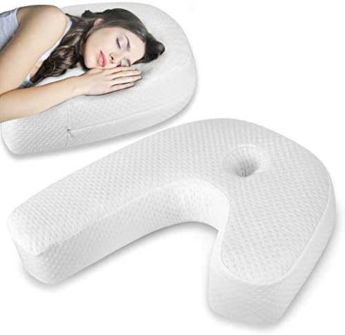 Side Sleeper Pillow J-Shaped Side Sleeper Pillows for Adults Memory Foam Pillow for Neck Shoulder Pain Relief with Ear Hold Removable Washable Cover 1 Pack White