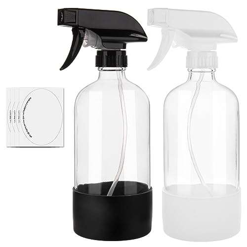 Glass Spray Bottles for Cleaning Solutions, 16oz Reusable Clear Empty Mist Spray Bottle with Silicone Sleeve for Plants, Essential oils and Hair 2 Pack