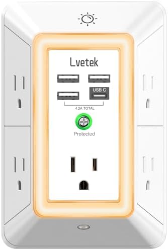 Multi Plug Outlet Surge Protector - Lvetek 3-Sided Power Strip with 5 Outlet Extender and 4 USB Ports(1 USB-C) and Night Light, USB Wall Charger for Home, Office, Travel, ETL Listed, White