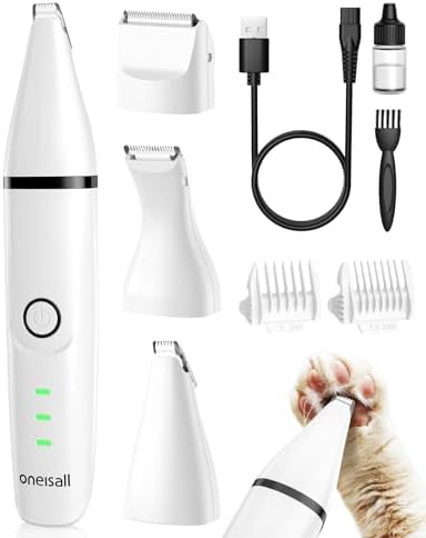 oneisall Quiet Cat Shaver, Cordless Cat Hair Trimmer, Rechargeable 2 Speed Cat Grooming Kit, 3 in 1 Electric Cat Clippers, Paw Trimmer for Cat, Dogs and Other Small Animals at Home Travel