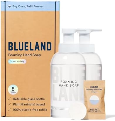 BLUELAND Hand Soap Duo, 2 Refillable Glass Foaming Hand Soap Dispensers with 8 Refill Tablets, Variety Scents, 8 x 9 Fl oz