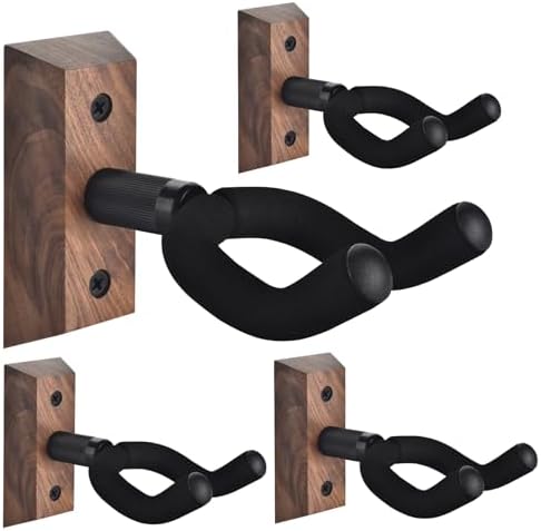 DOMMI Guitar Wall Mount 4 Pack, Guitar Holder with Rotatable Soft Guitar Hook for All Size Guitars, Hardwood U-Shaped Guitar Hanger Wall Mount for Acoustic, Electric Guitar, Bass, Black Walnut