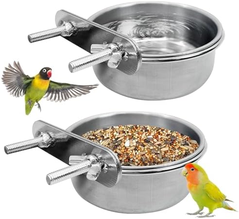 PINVNBY Stainless Steel Bird Bowl Parrot Food Water Bowls with Clamp Holder Bird Feeder Dish Cups Crate Bowls for Cockatiel Pigeons Conure Budgies African Greys (2PCS Screw Size: L)
