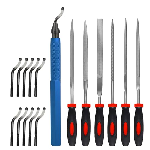 Deburring Tool Kit,with 6Pcs Needle Files. 6-1/2" Metal Handle Chamfer Tool for Resin Aluminum Brass Plastic Pipes Tube Hole 3D Art with Extra 10 HSS Blades