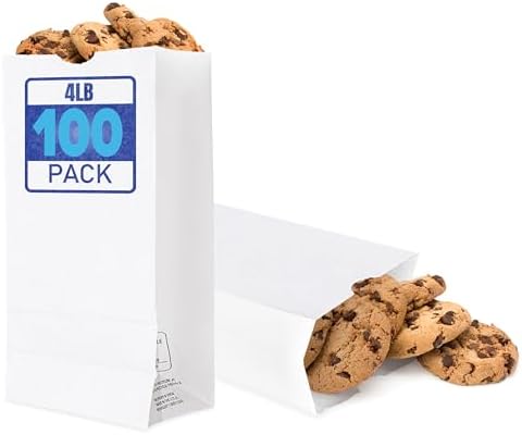 4 Lb Kraft White Paper Bags Lunch (100 Count) - Bulk Disposable Lunch Sacks, Small Size Blank Bag for Kids, Good for a Snack, Sandwich, Grocery Food, and Arts & Crafts Projects, Stock Your Home