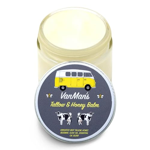 Vanman's Tallow and Honey Balm With No Added Scent - Beef Tallow Face Moisturizer with Grass-Fed/Finished Beef Tallow for Skin, Organic Raw Honey and Beeswax, Cold Pressed Olive Oil - 2 oz