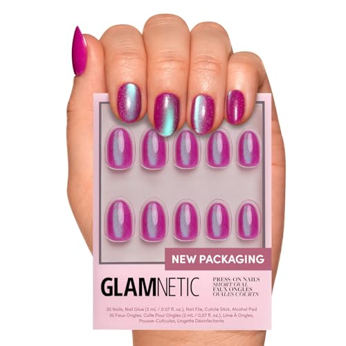 Glamnetic Press On Nails - Berry Fizz | Short Oval, Magenta Nails with a Mesmerizing Metallic Finish | 15 Sizes - 30 Nail Kit with Glue