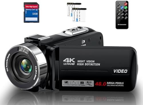 Video Camera Camcorder 4K 48MP 30FPS with IR Night Vision,18X Digital Zoom Camera Recorder 3.0" LCD Touch Screen Vlogging Camera for YouTube with Controller, 32GB SD Card, 2 Batteries